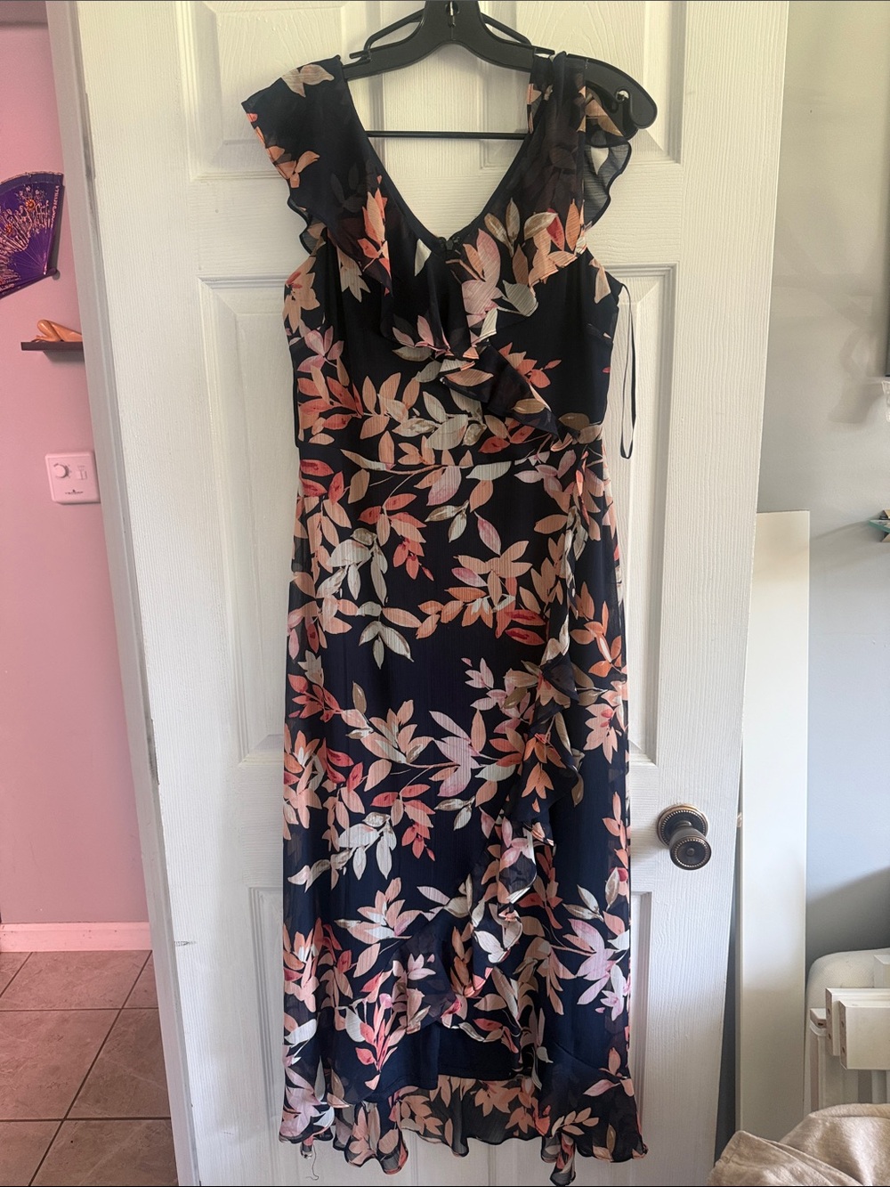 London Times Navy Floral Ruffle Midi Dress with Pink and Cream Leaves
